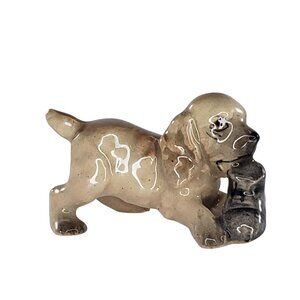 Lefton Cocker Spaniel Puppy Holding Boot Slipper Shoe Miniature Figurine Vintage